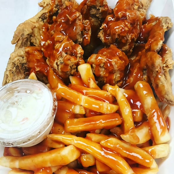 Harold's Chicken #41 fried chicken and fries drenched in mild sauce, with a side of coleslaw.