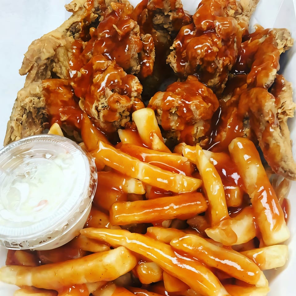 Harold's Chicken #41 fried chicken and fries drenched in mild sauce, with a side of coleslaw.